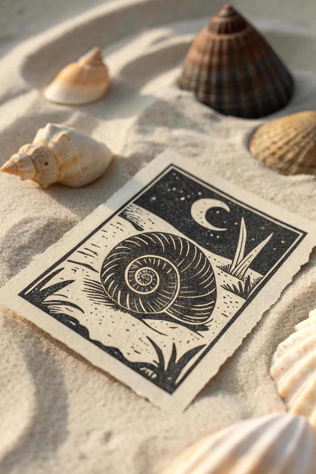 Small snail linocut mini print with bold lines and delicate texture, perfect for postcards.