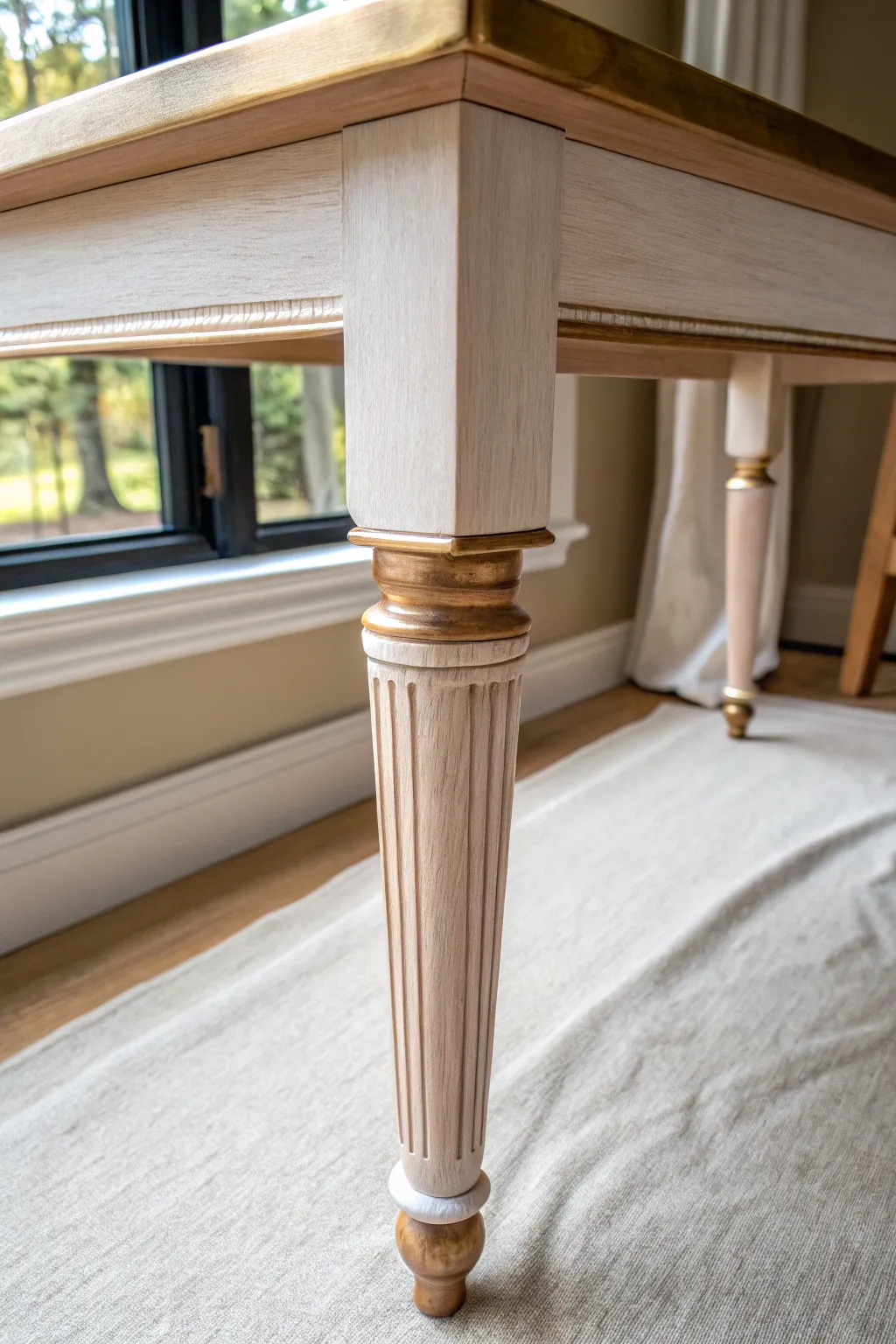 Detalle de pata en madera con pintura mate y acento metálico suave, minimalista, boho y elegante.