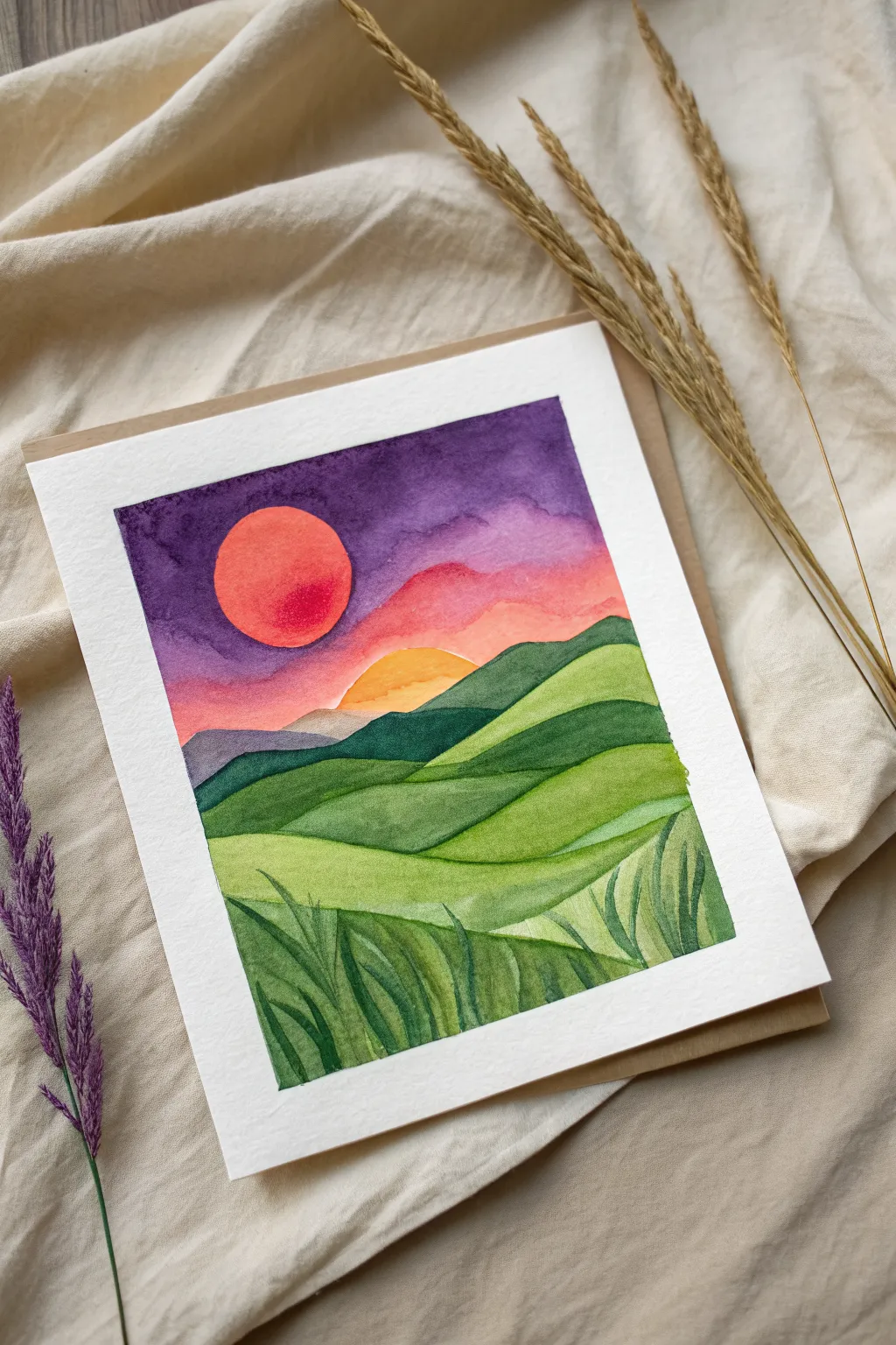 Easy indie vibe: paint trippy wavy hills and a giant sun with bold, clean color bands.
