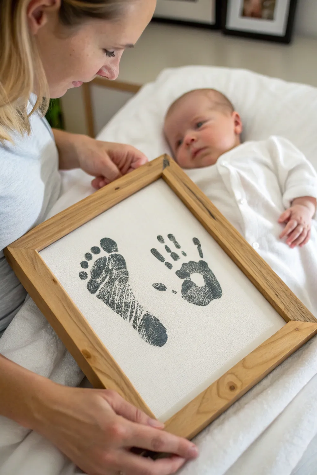 Tiny fingers meet their own prints, a framed keepsake in calm Scandinavian nursery light.
