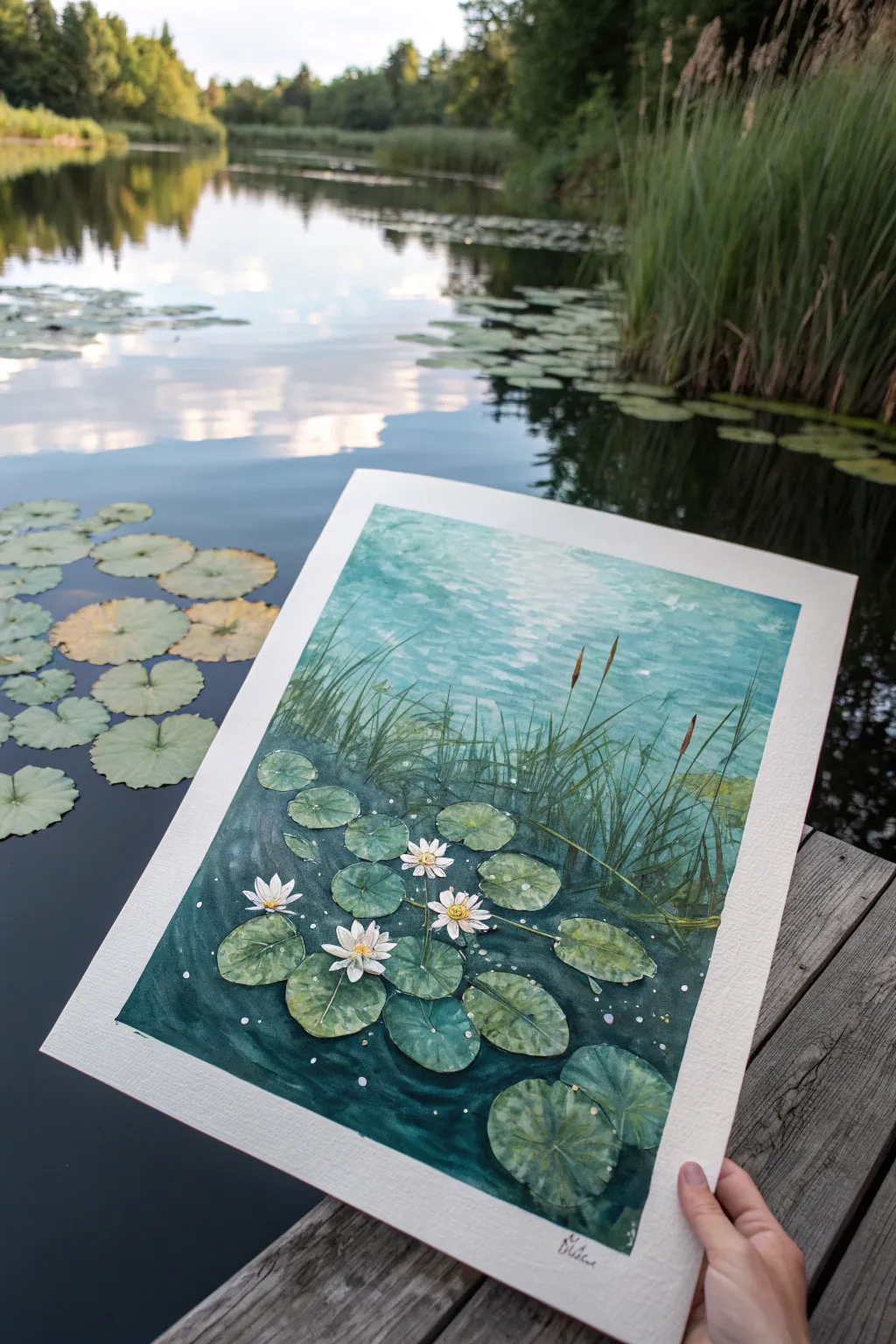 Intermediate lily pad painting with layered greens, broken reflections, and sparkling water highlights