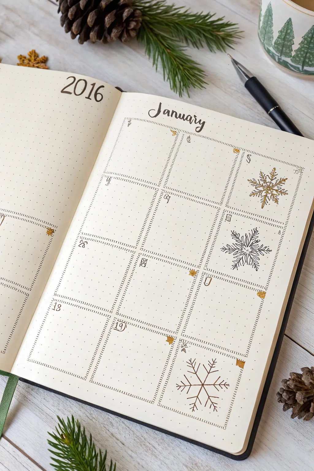 A crisp January calendar page filled with tiny winter doodles for calming daily drawing practice.