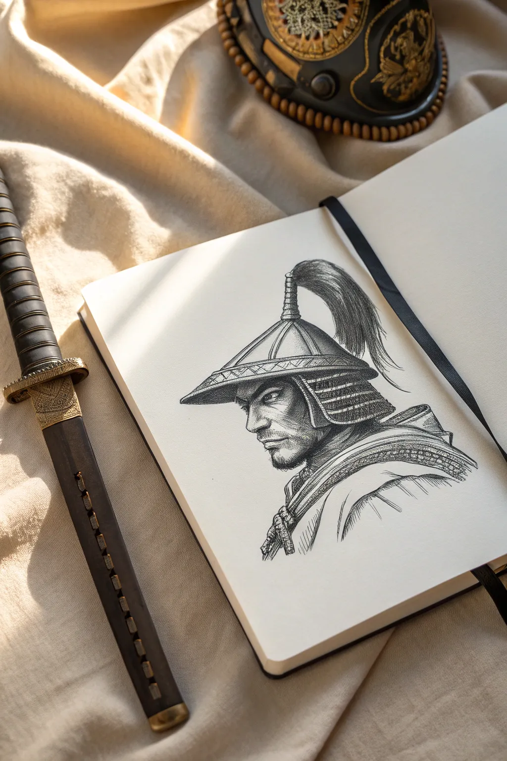 Samurai helmet sketch study with subtle katana outline, crisp lines and calm minimalist contrast