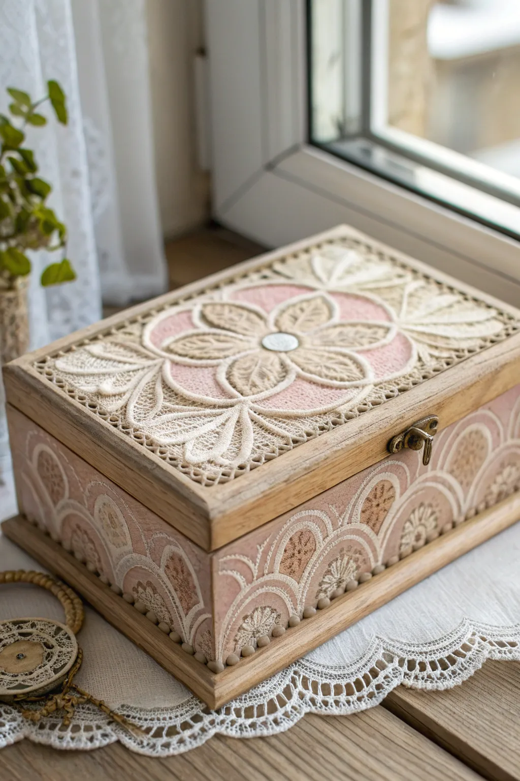 Vintage jewelry box lid with faux lace paintwork in soft blush tones, lit by window light