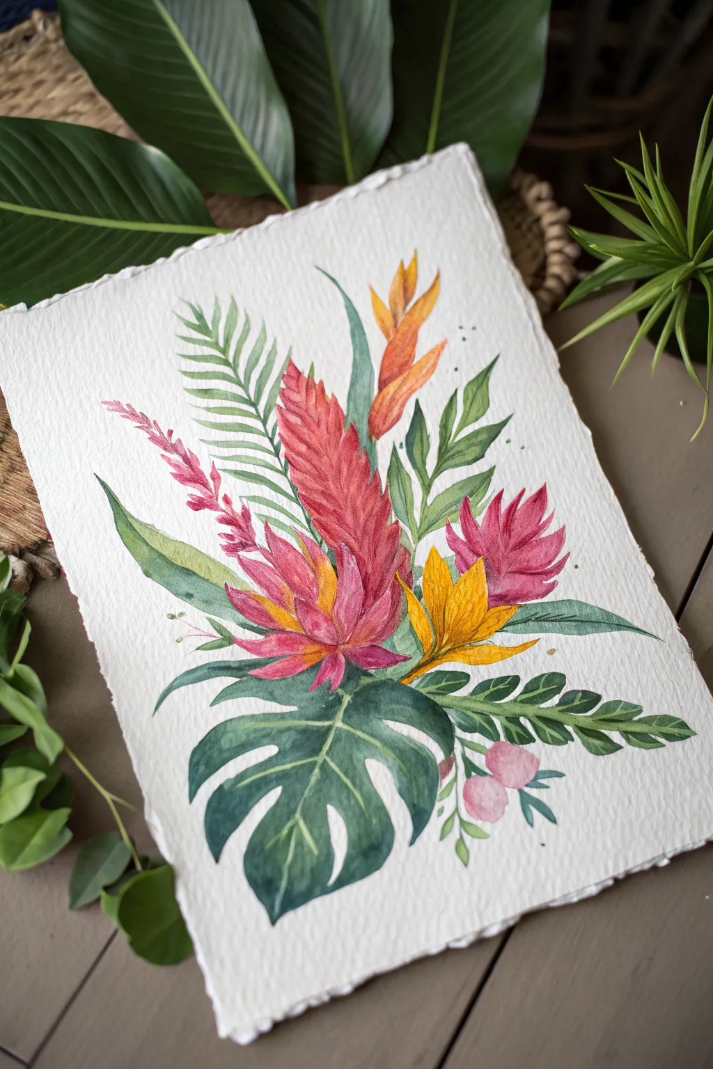 Bold tropical blooms pop against deep jungle greens, perfect for a bright minimalist jungle painting.