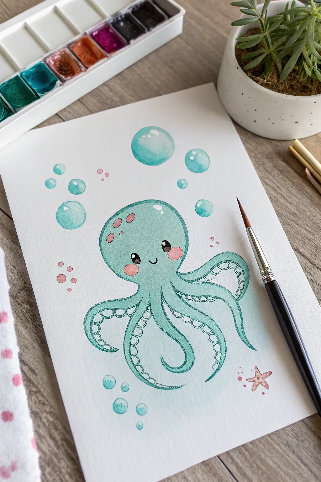 Kawaii octopus drifting in turquoise bubbles, minimalist Scandinavian boho charm with crisp contrast