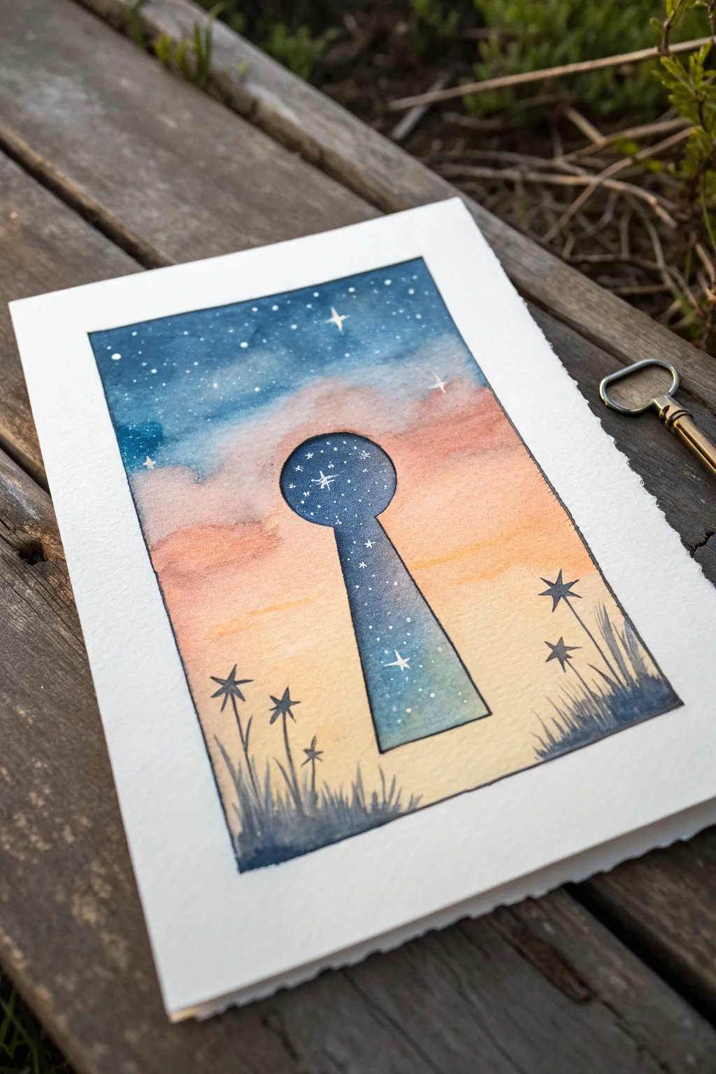 Day-to-night keyhole gradient: morning glow fading into deep indigo with tiny stars and silhouettes.