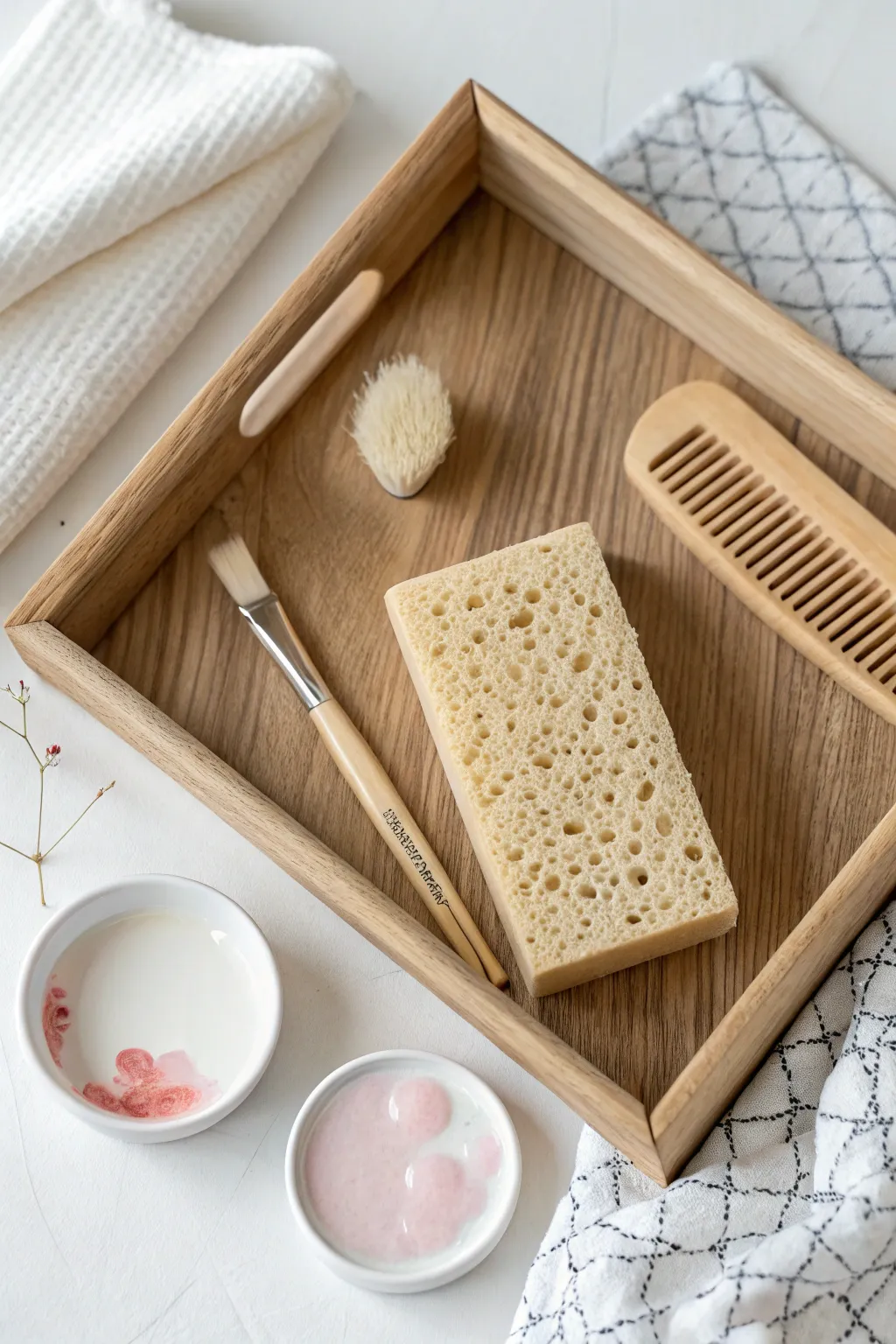 Texture tool tasting bar: a simple tray of sponges, bubble wrap, and stamps for kids to try.