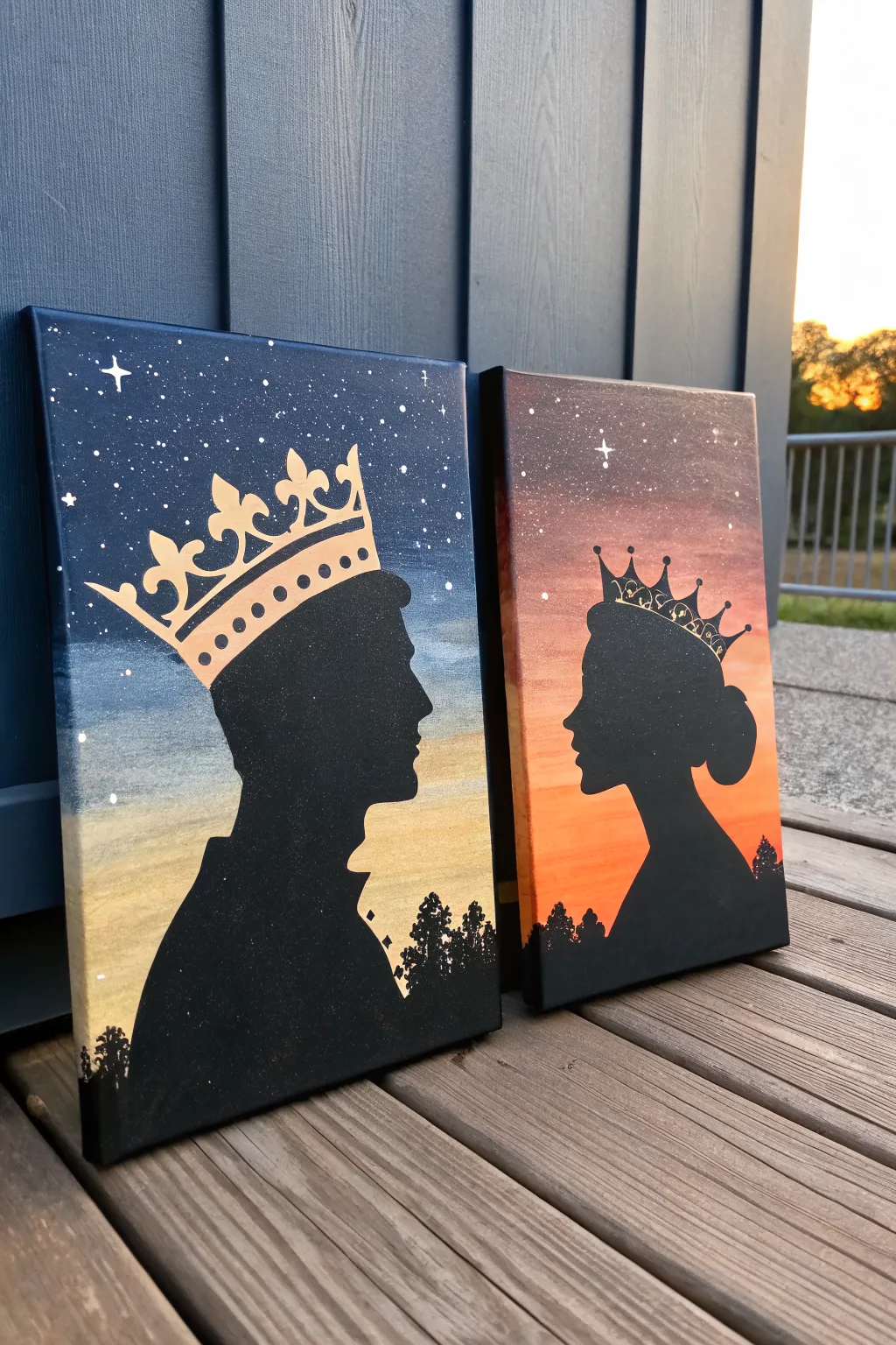 Day and Night diptych: midnight king and sunrise queen with matching gold crowns