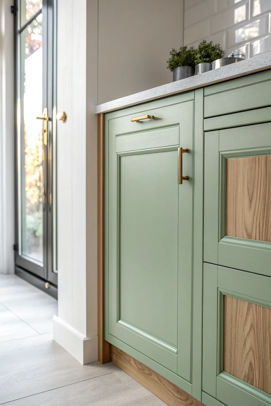 High-gloss sage cabinet door reflecting daylight for a bright, minimalist Scandinavian kitchen look