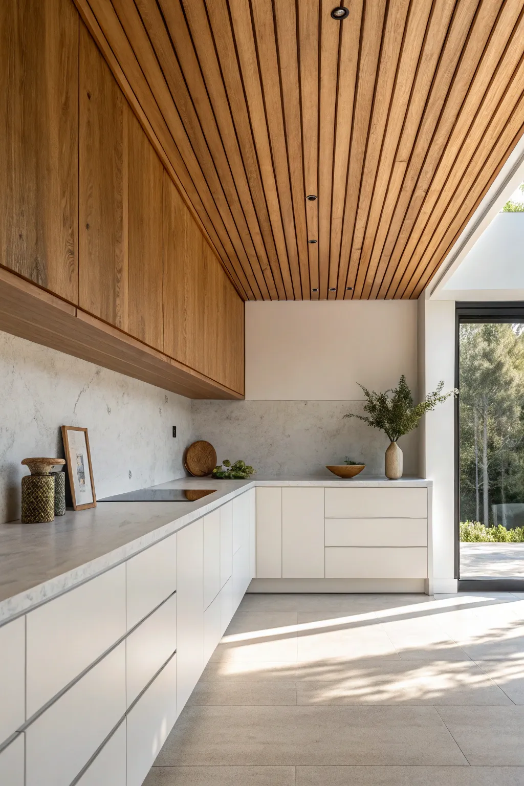 Wood-wrapped kitchen soffit adds cozy warmth and structure in a clean Scandinavian space