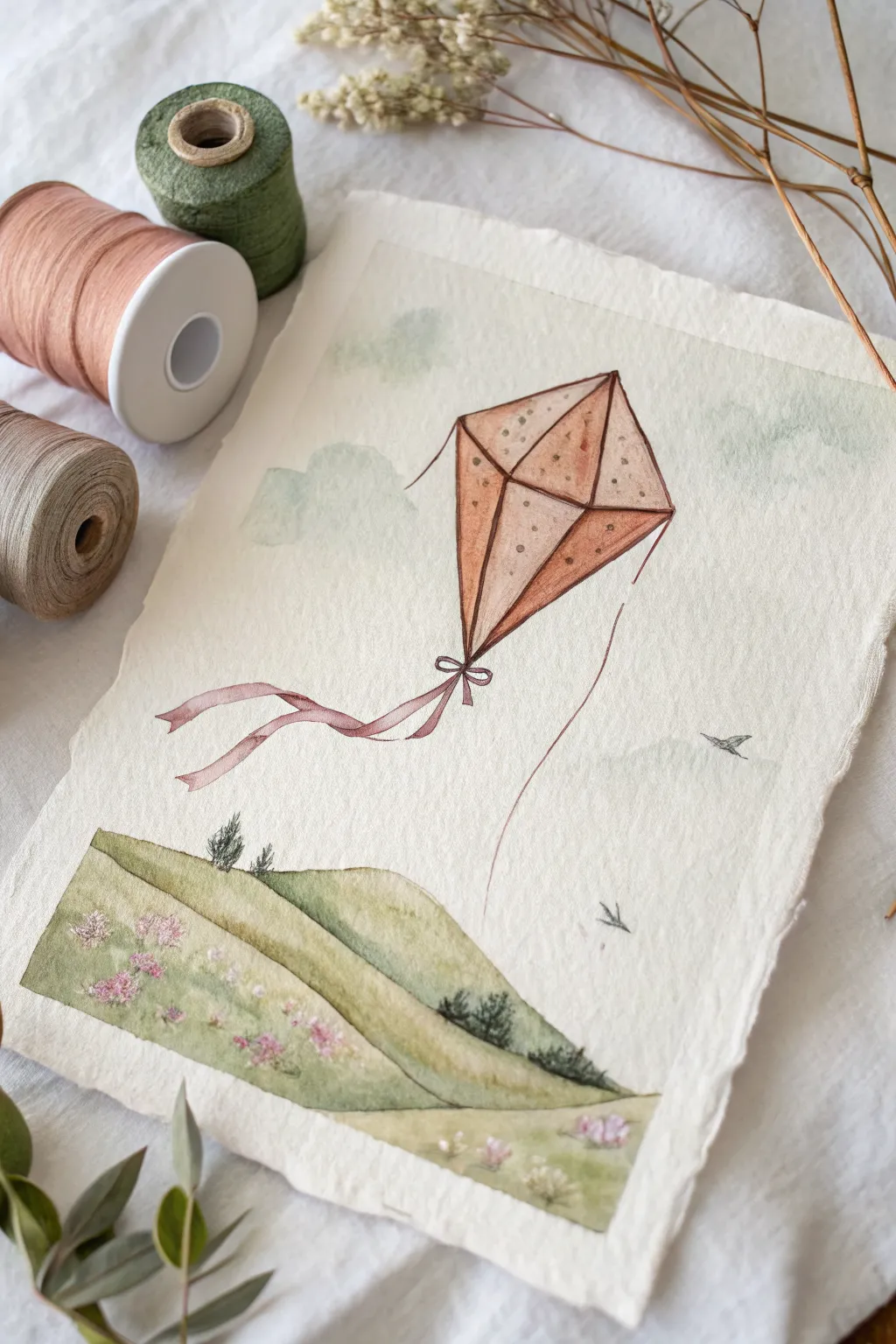 Minimalist kite floating above simple green hills, a calm Scandinavian boho drawing idea