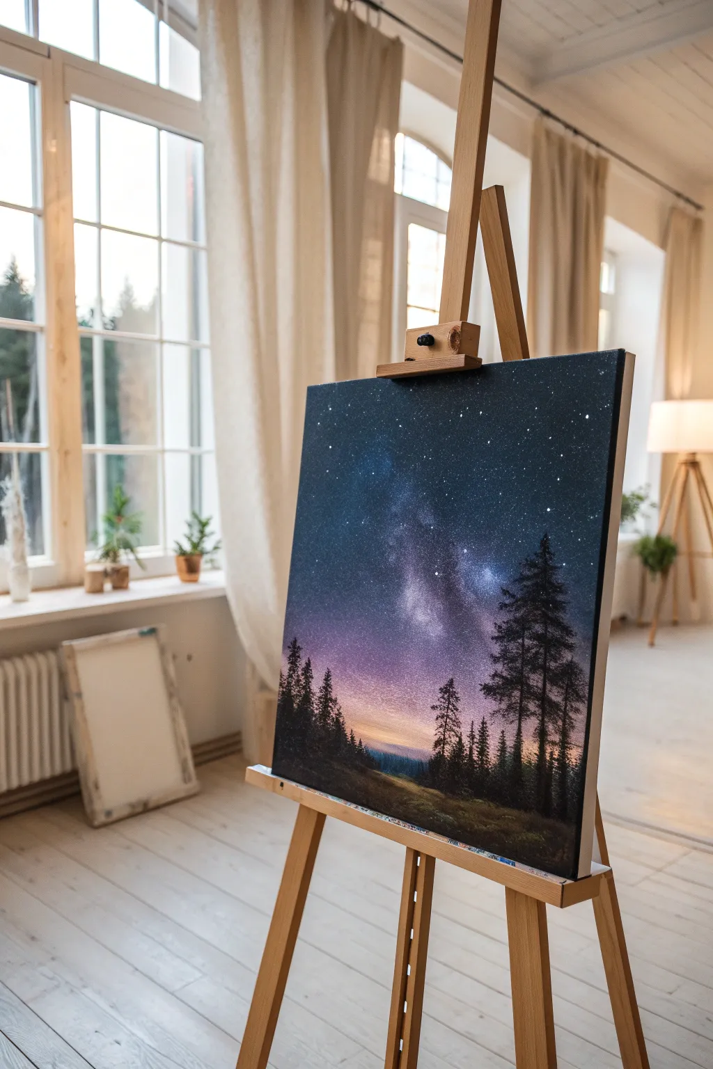 Night sky oil landscape idea with starry blues and treeline silhouettes for calm, modern decor.