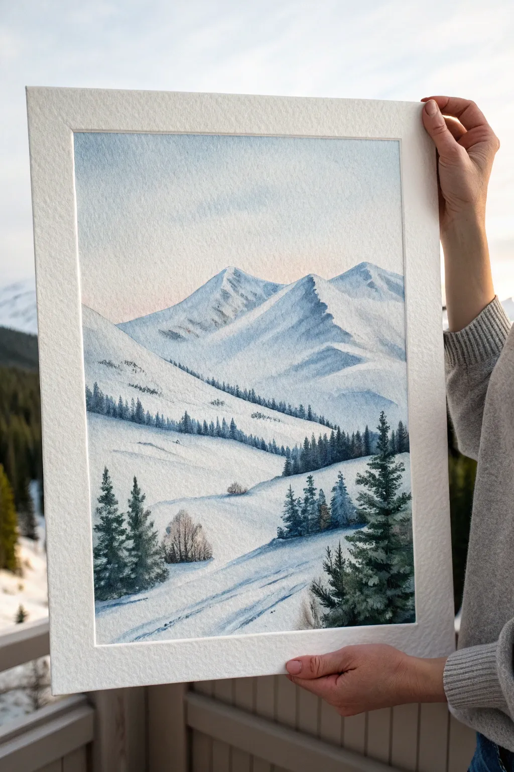 Snowy mountain quiet: minimalist winter landscape painting with soft blue-gray shadows and calm sky