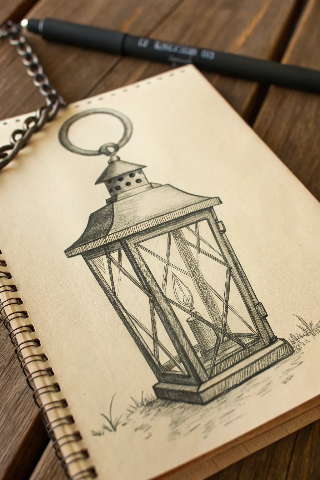 Extreme close-up lantern handle sketch with crisp chain links, bold line weight, and calm Nordic tones
