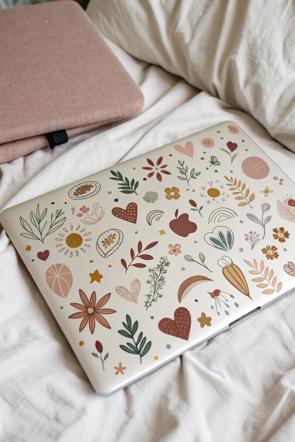 Painted sticker patchwork laptop lid with crisp outlines and cozy boho-minimal colors, packed with detail