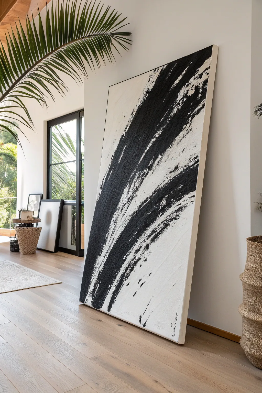 Bold black-and-white gestural strokes on a large canvas for modern minimalist impact