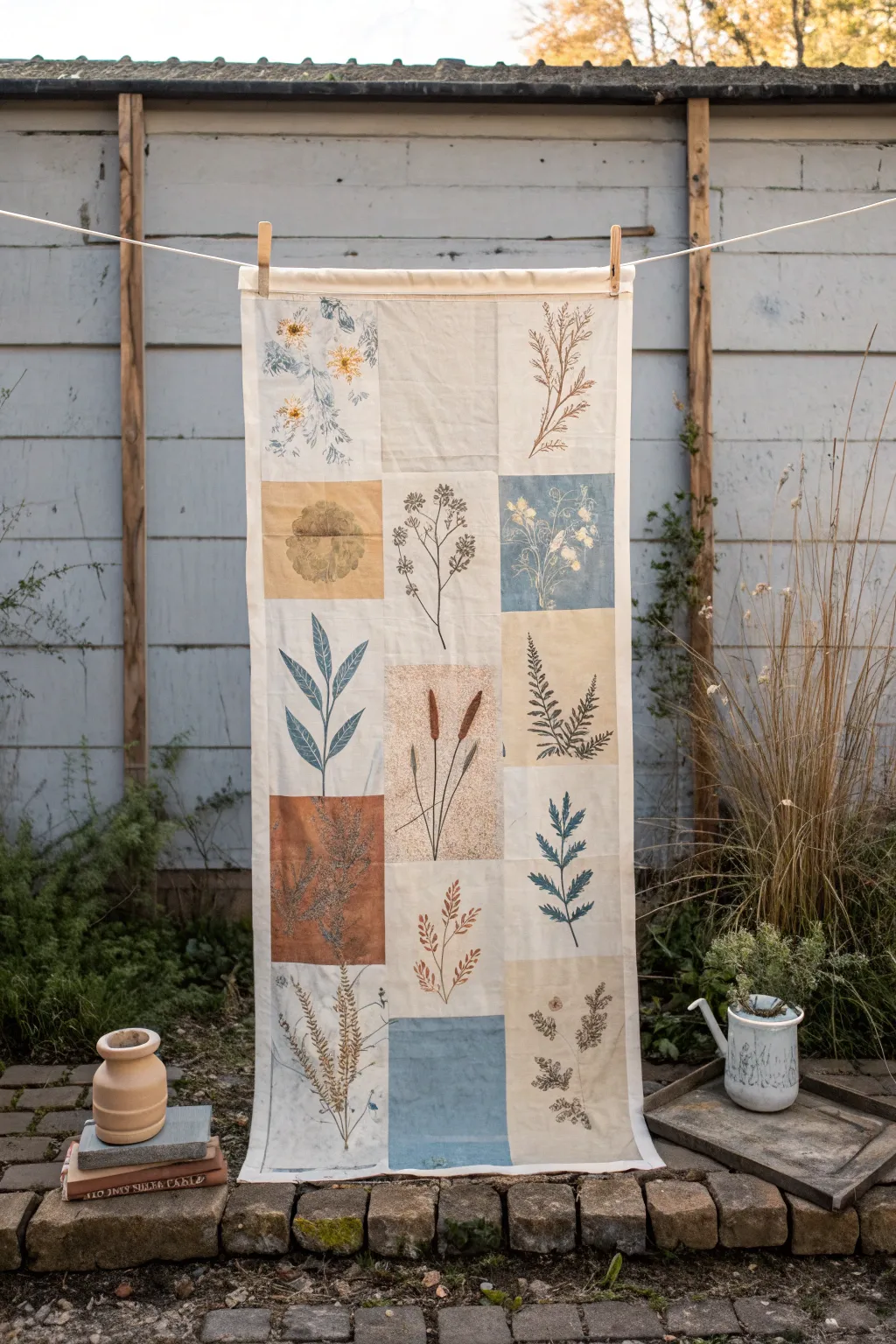 Layered wash-day poster collage mural in muted tones, torn edges and calm Nordic boho charm.