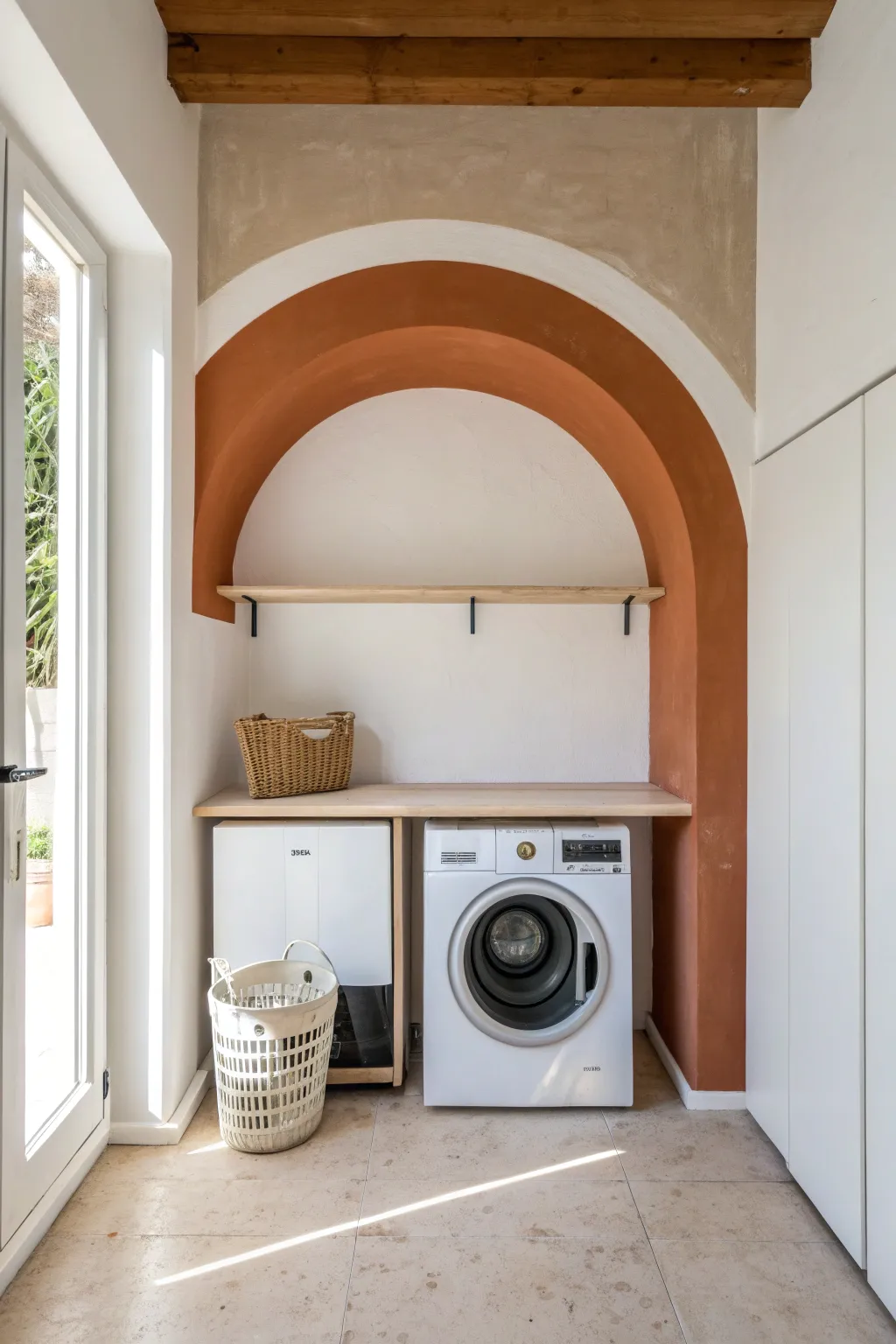 A bold terracotta arch behind a simple oak shelf makes a calm, defined folding zone.