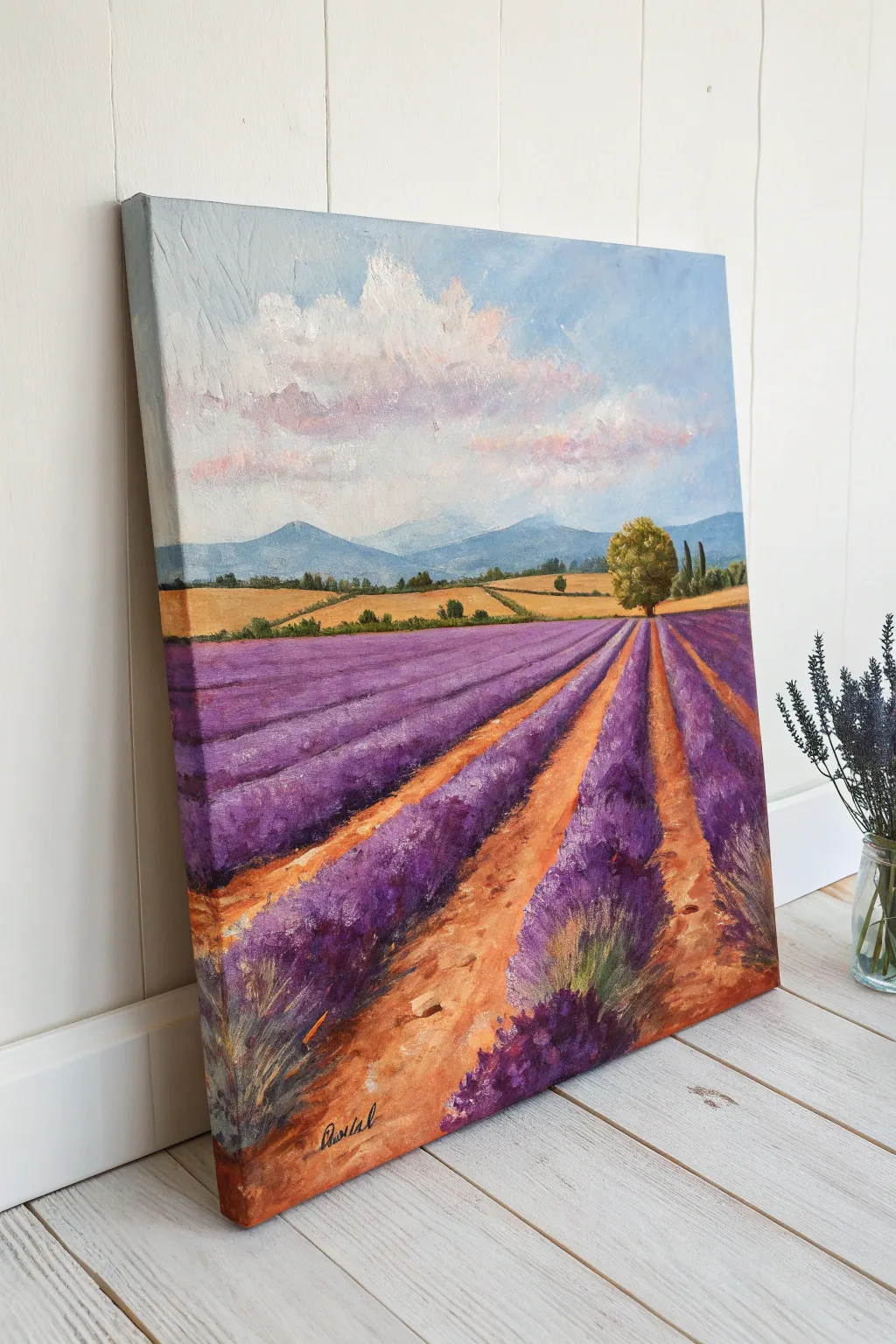 Bold impressionist lavender rows in rich purples against warm earth tones, simple and striking.