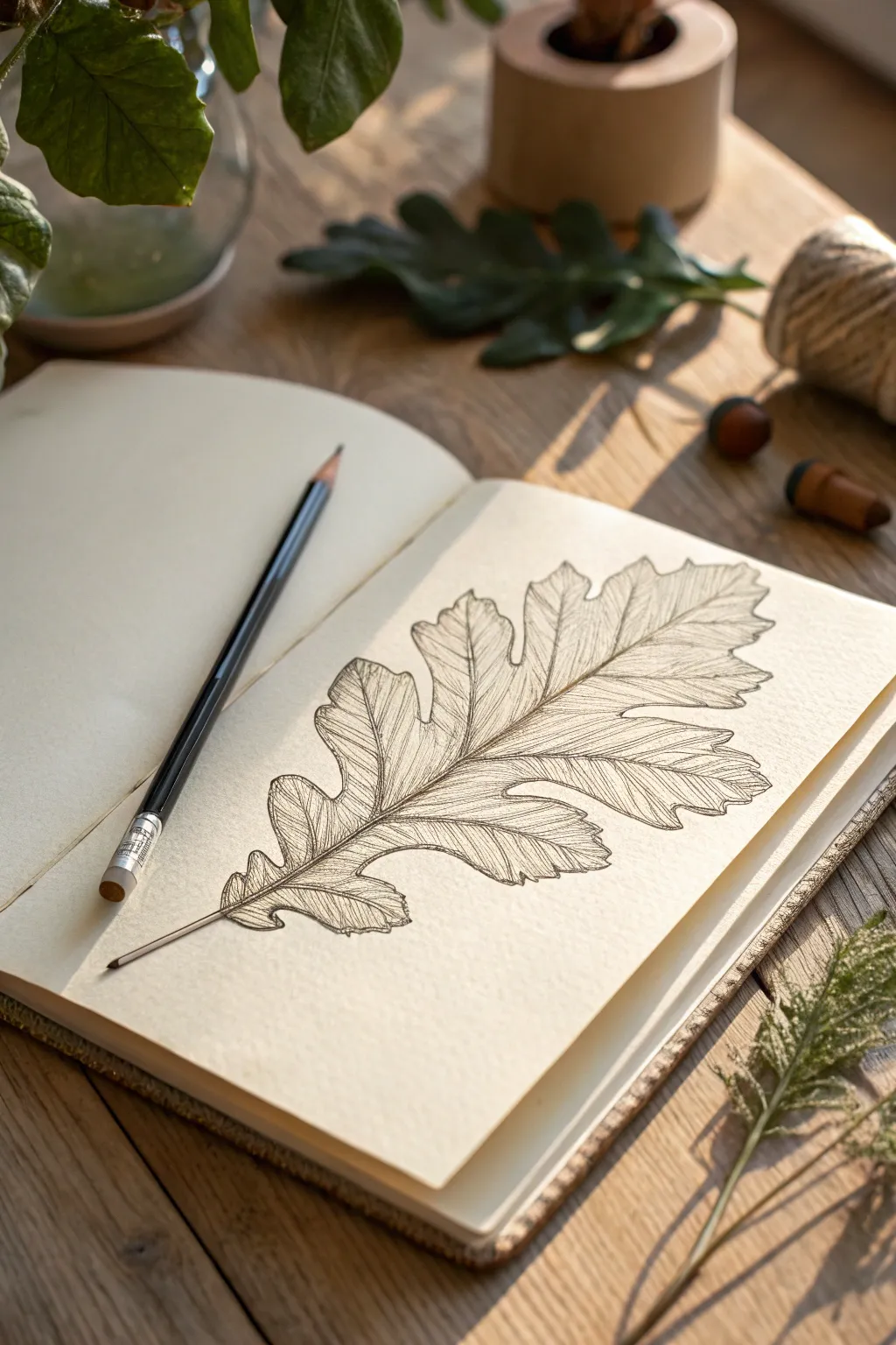 Foreshortened leaf sketch with light construction lines for realistic depth and perspective