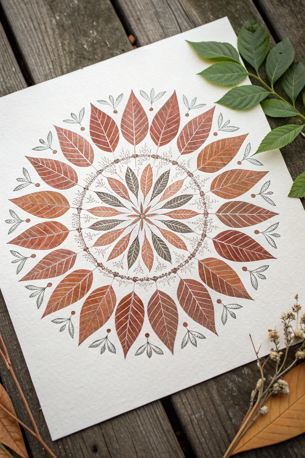Leaf mandala with stamped rings for a calm, minimalist boho botanical statement