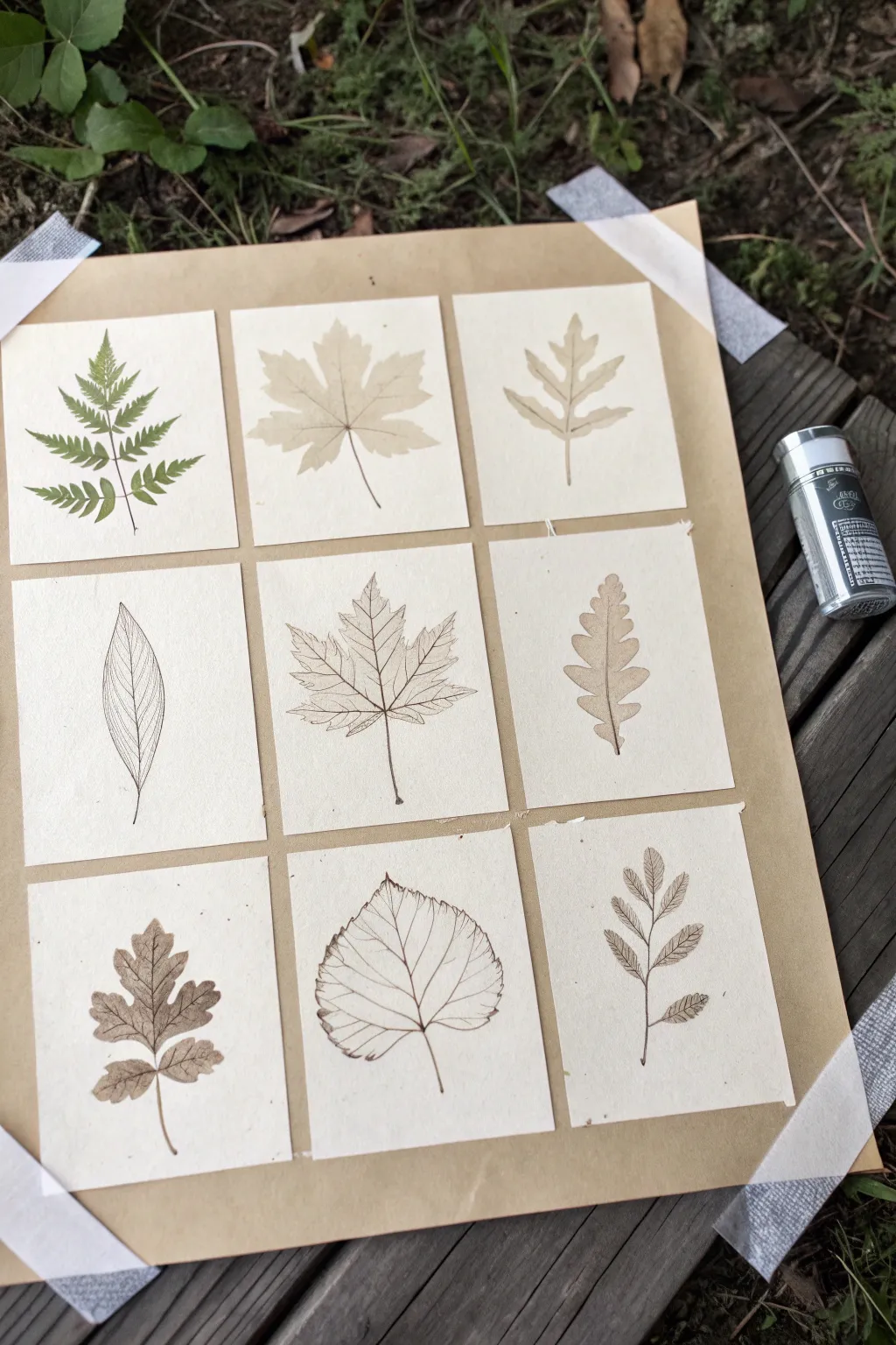 Tape-resist leaf grid studies with crisp edges and varied techniques in a calm minimalist palette