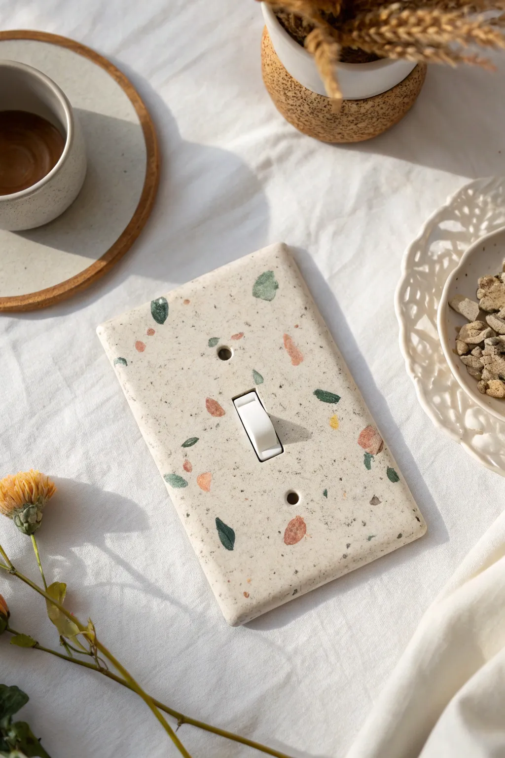 Terrazzo flecks on a handmade switch plate add soft color to clean minimalist decor.
