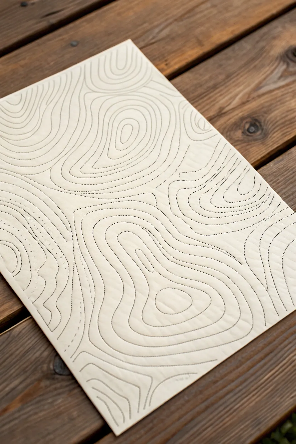 Topo-inspired contour line art with a serene blank lake, minimalist and calming.