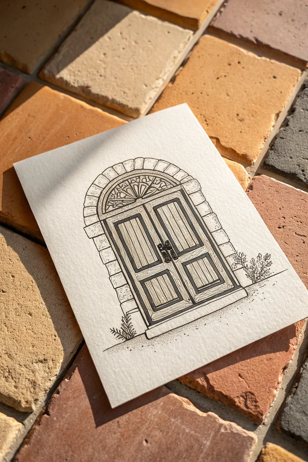 Minimalist arched doorway line art with geometric shadow blocks in warm neutral tones