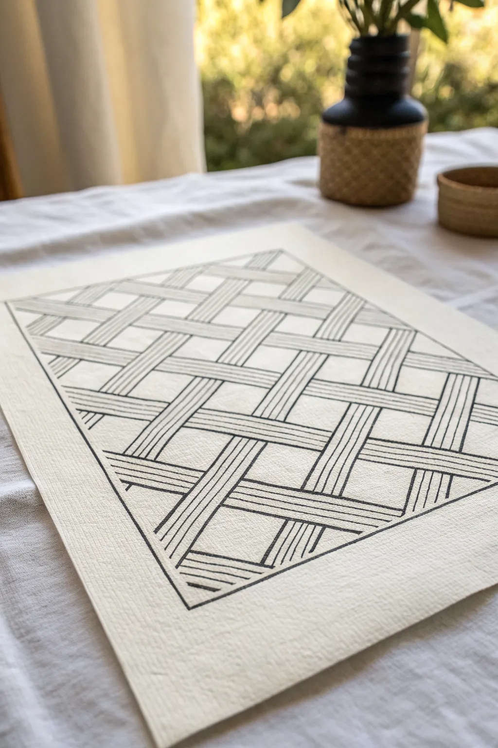 Woven line lattice illusion in ink, minimal and boho-inspired for calming pattern practice.