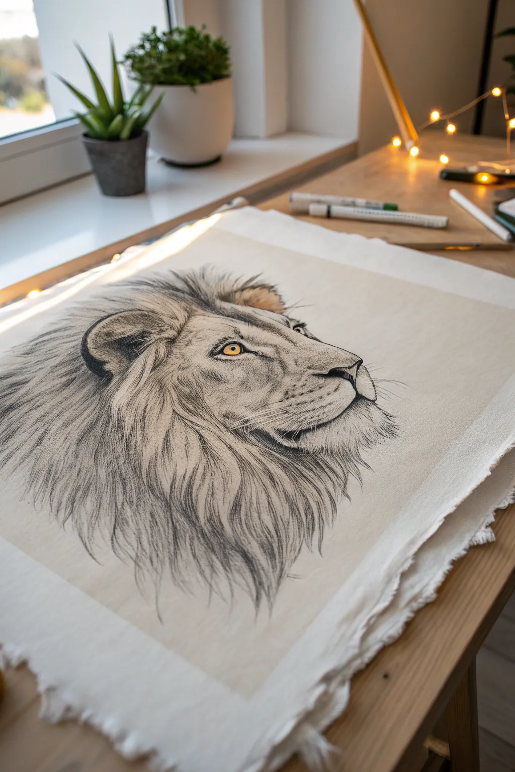 Backlit lion head idea: gentle face shadows and a glowing rim-lit mane edge for high contrast.