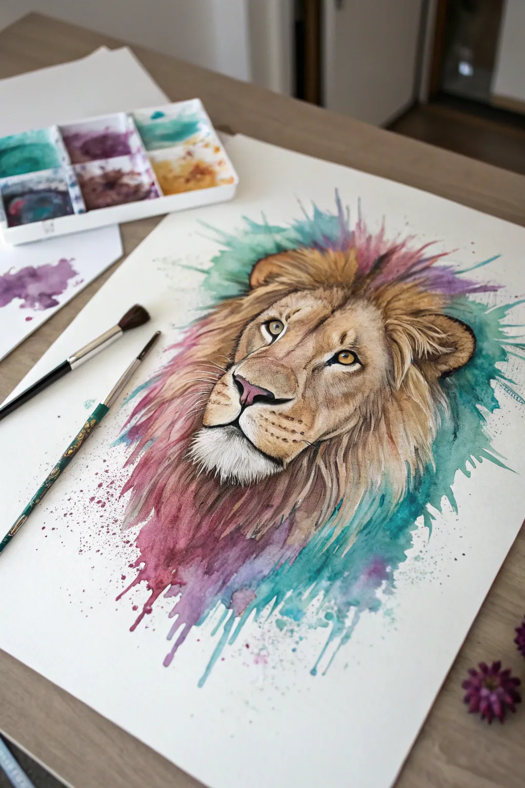 Realistic lion face with a teal-magenta-violet smoke mane for bold yet minimal art practice