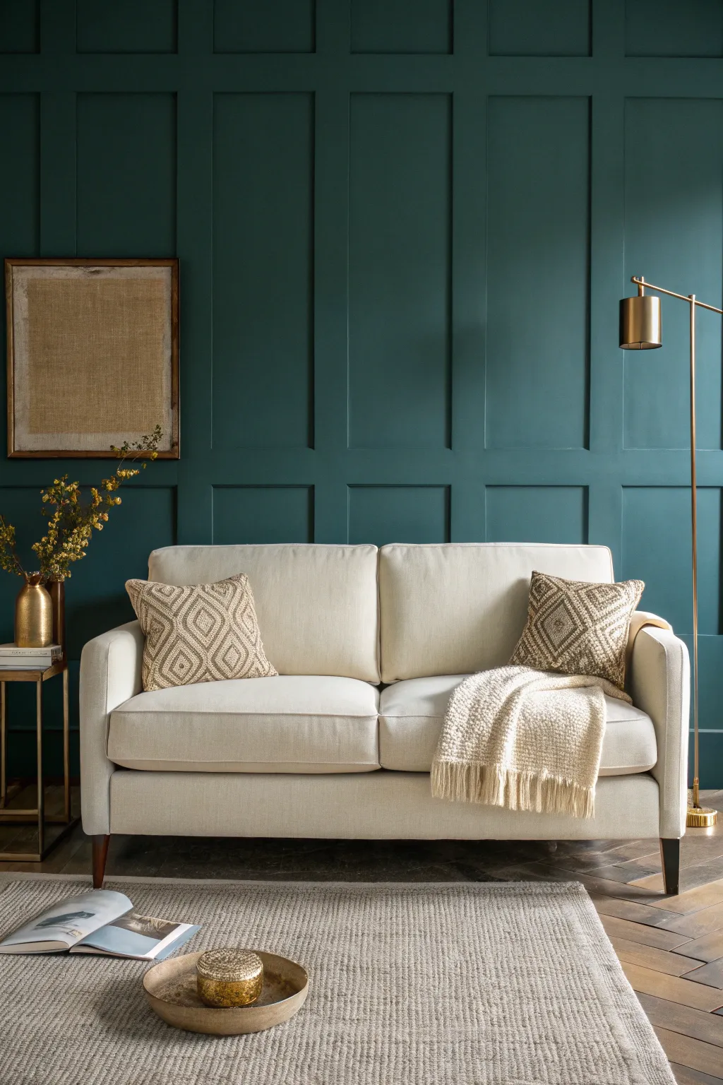 Dark teal walls meet airy linen sofa and brass accents for bold, refined living room color ideas