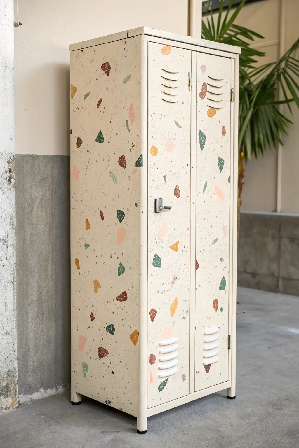 Terrazzo speckles bring handcrafted texture and modern calm to a light, minimalist locker.
