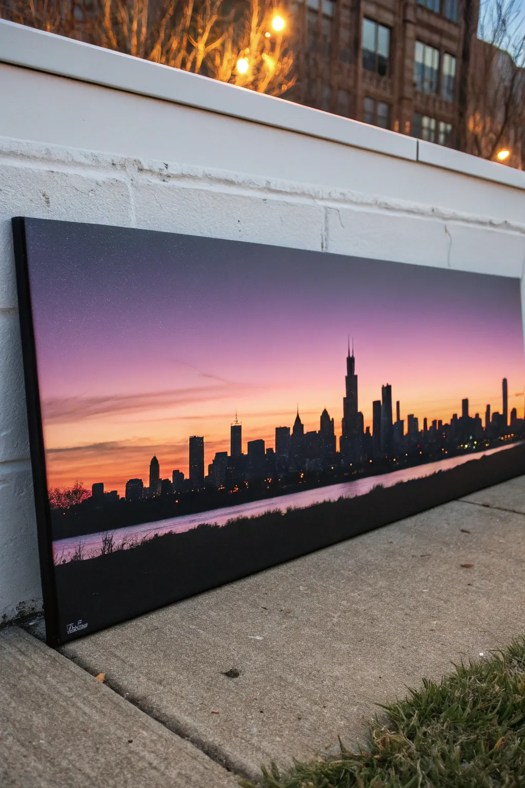 Panoramic dusk skyline on a long canvas, simple silhouette and warm lights for cozy contrast