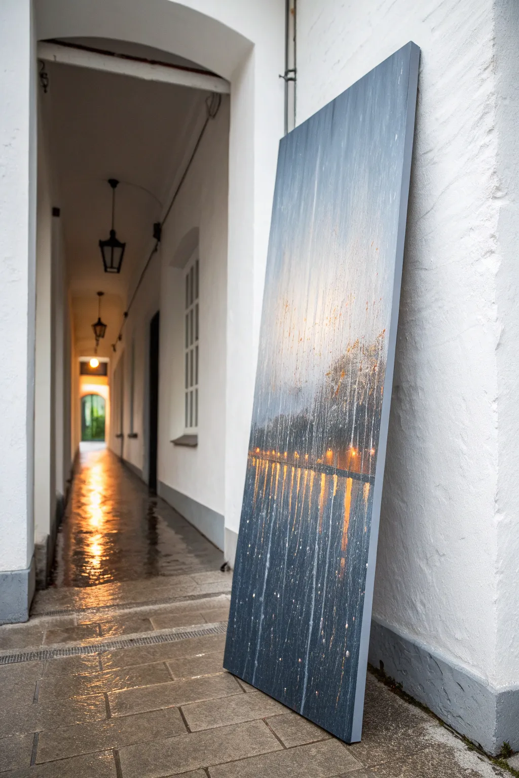 Moody rainy window streaks on a tall canvas with soft reflections, perfect for long vertical walls.
