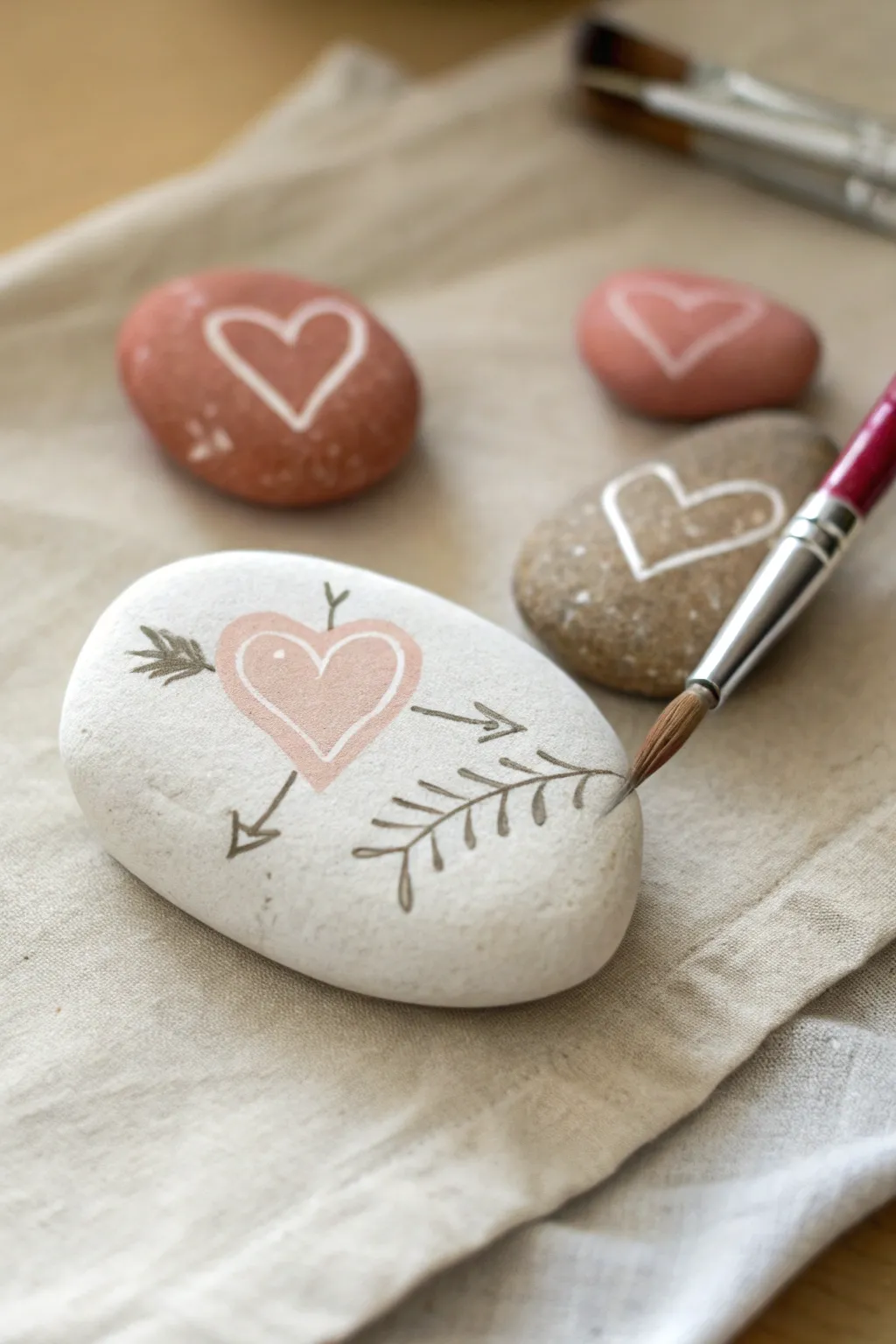 Minimal painted love rocks with tiny heart icons, calm neutrals, and a brush in action