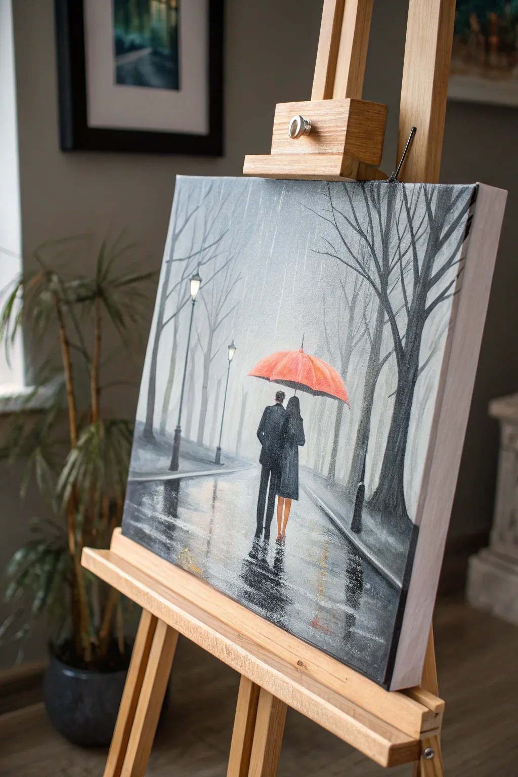 Romantic rainy day canvas idea: a bright umbrella silhouette scene with soft moody reflections