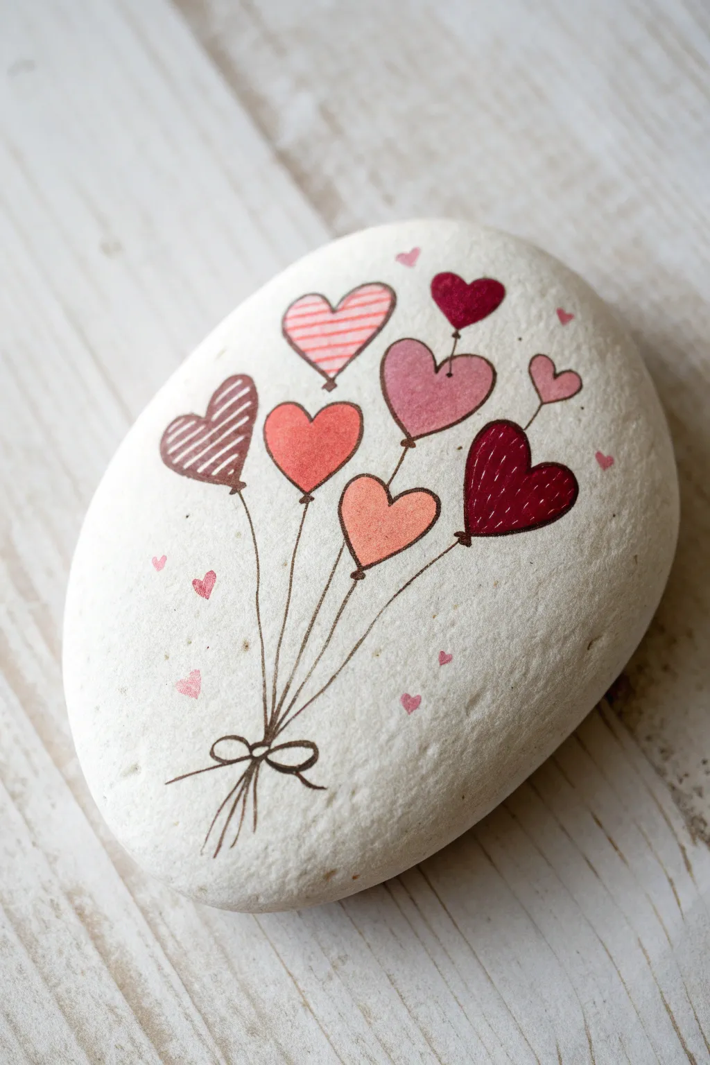 Sweet heart-balloon rock painting in Scandinavian minimal style, soft boho pinks and crisp contrast