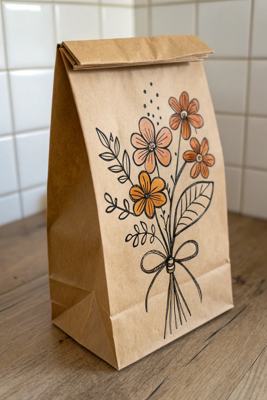 Easy five-petal flower bouquet doodle on a lunch bag, minimalist and boho with bold color pops.