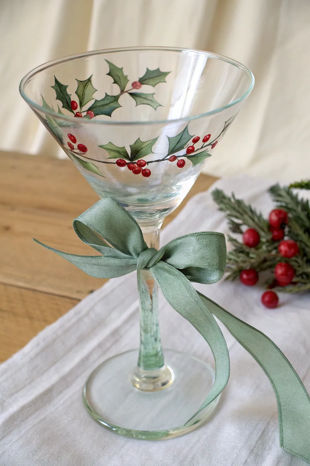 Minimal holiday martini glass with hand-painted ribbon, holly leaves, and berry accents