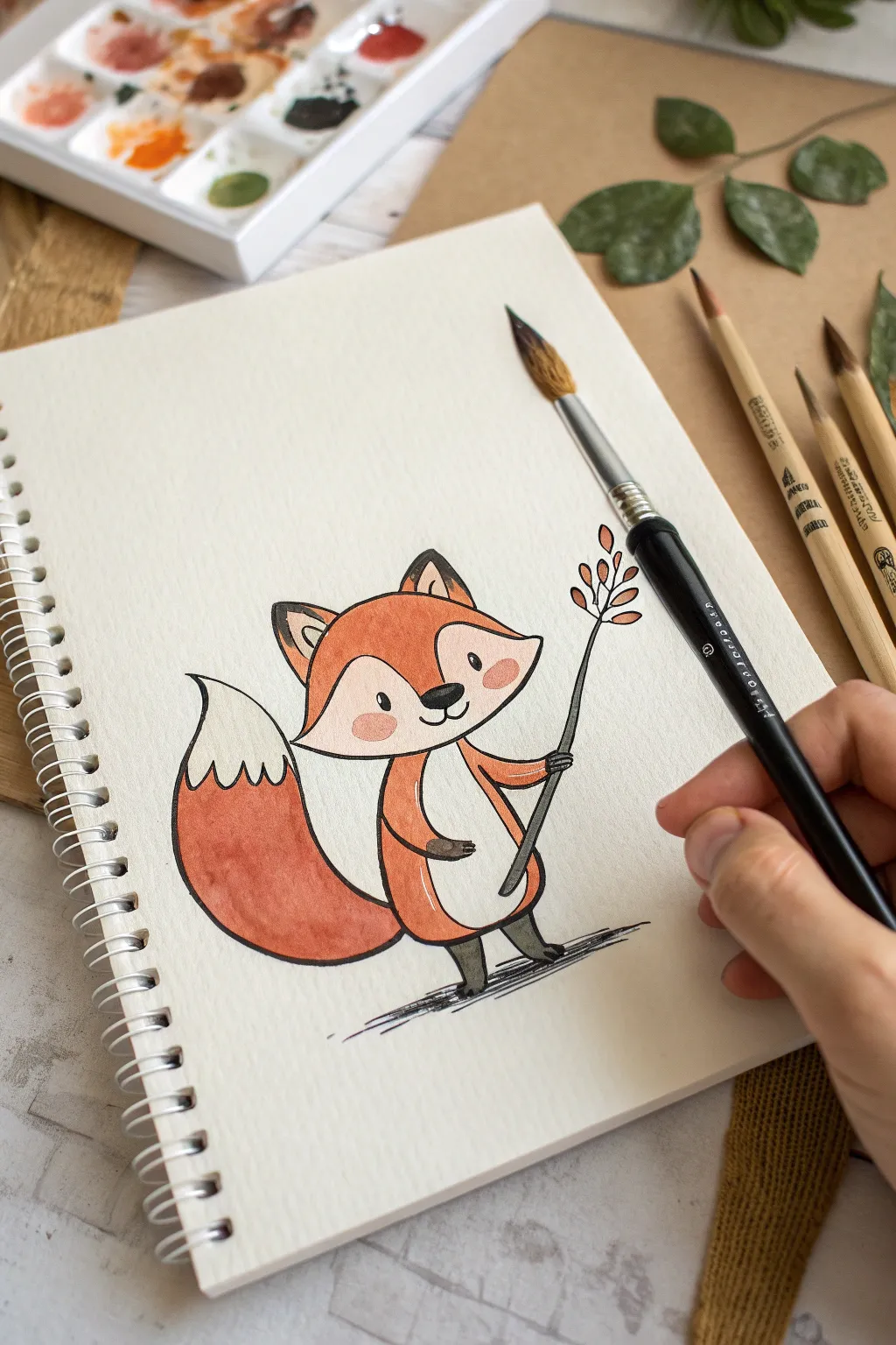 One-prop fox mascot with an oversized paintbrush, a clean and readable drawing idea.