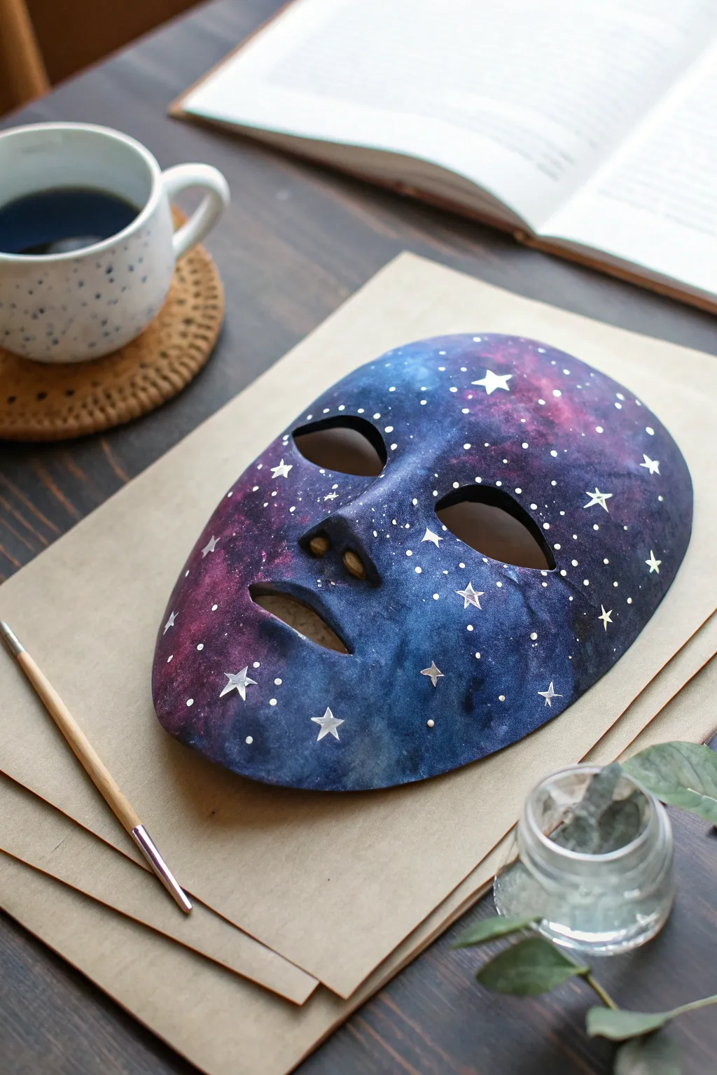 Watercolor galaxy mask with indigo skies, nebula blooms, and splattered starlight on matte black