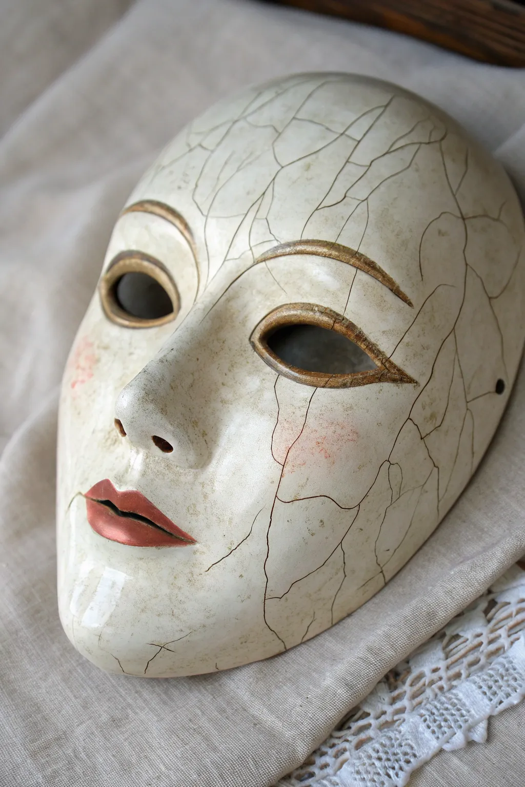 Cracked porcelain doll mask with delicate fissures and blush, styled on minimal linen.