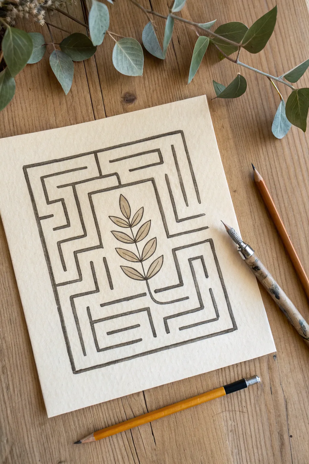 Minimalist ink maze where a hidden leaf silhouette appears through clean negative space