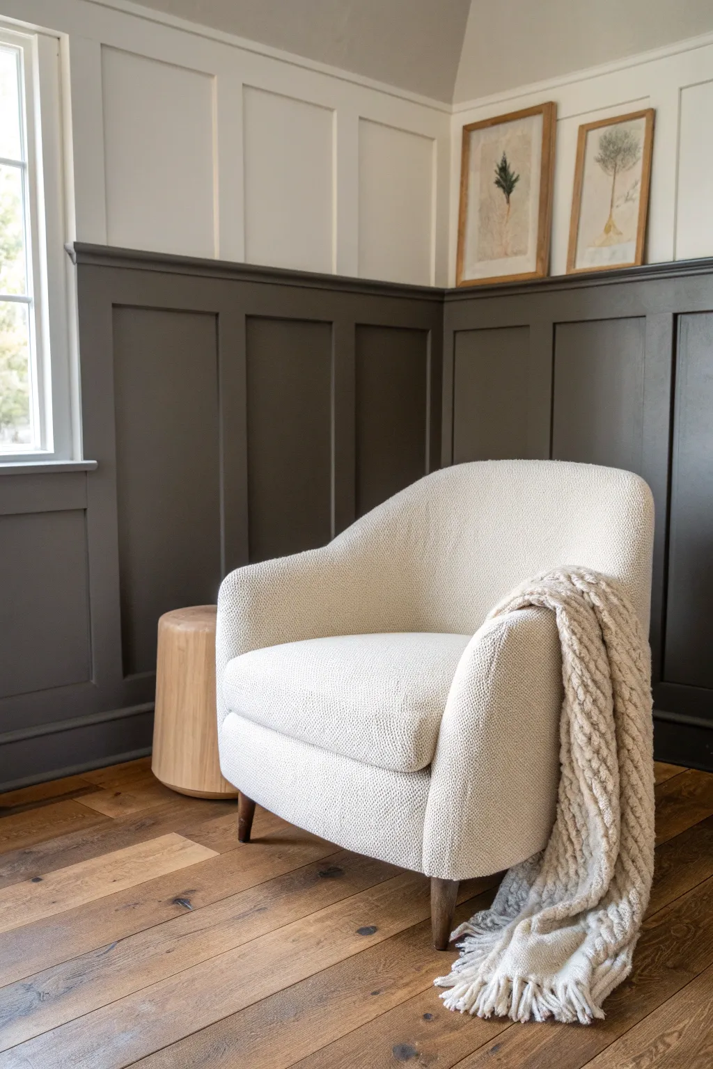 Two-tone dark neutrals with wainscoting create a cozy media room backdrop with modern depth.