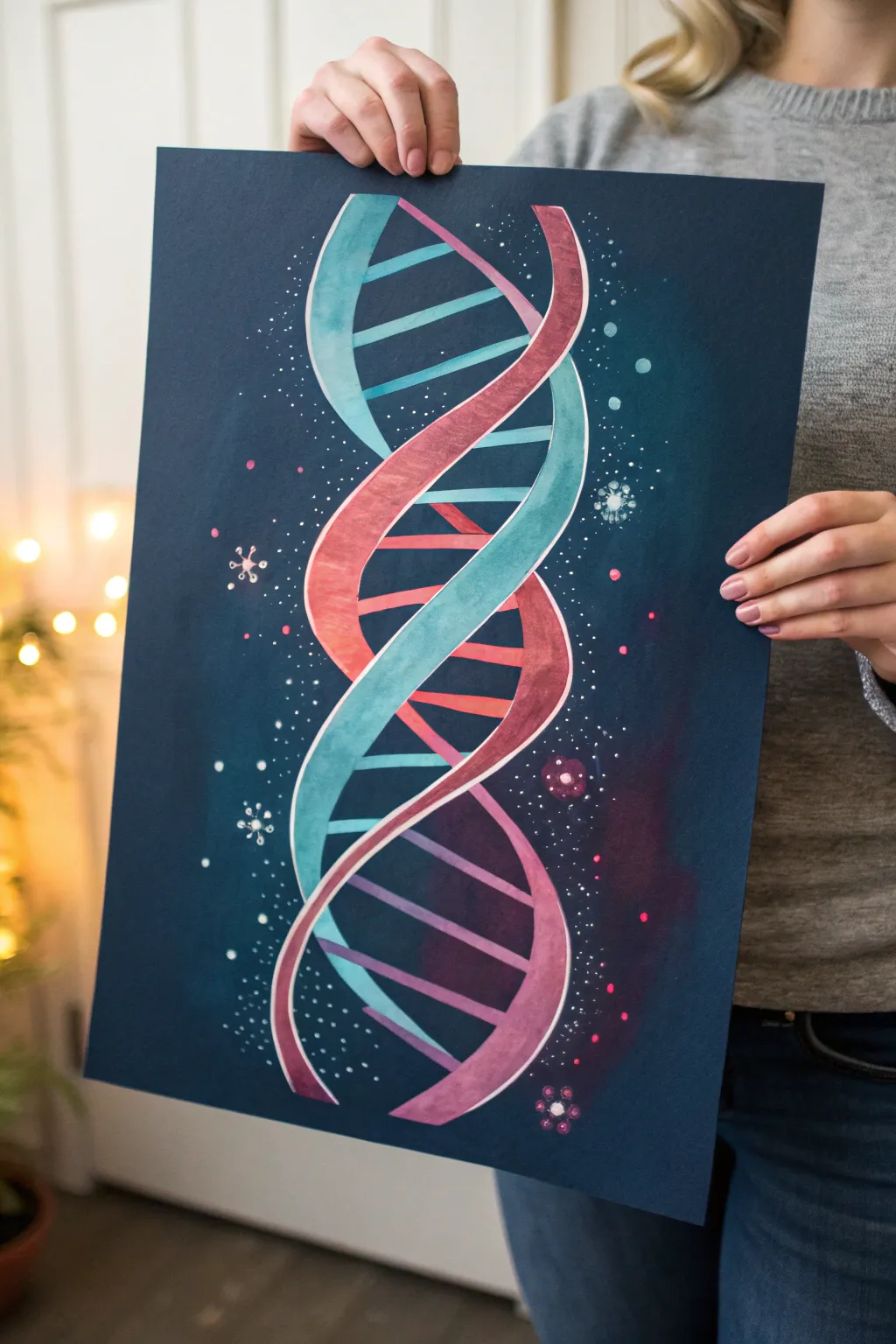 Paint a glowing DNA helix with bold gradients and tiny spark dots for modern science art