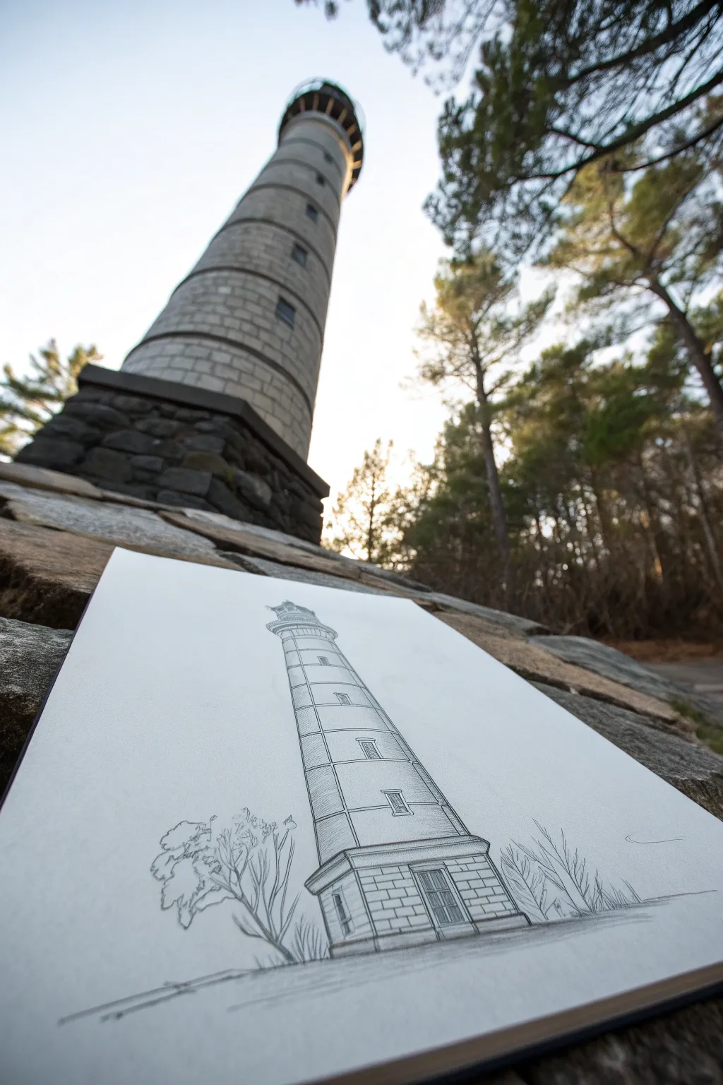 Medium drawing idea: stacked cylinders in 3-point perspective with bold lines and subtle guides