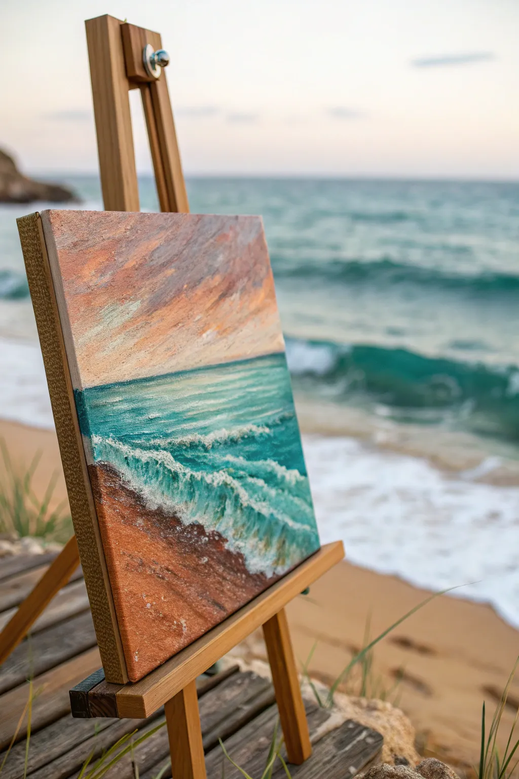 Warm acrylic underpainting glowing beneath cool, transparent oil glazes and subtle shine